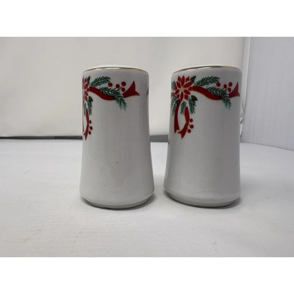 Vintage Elegant Christmas Poinsettia & Ribbons Ceramic Salt & Pepper Shakers